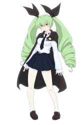 Rule 34 | 1girl, anchovy (girls und panzer), anzio school uniform, artist request, belt, big hair, black belt, black cape, black necktie, black ribbon, black skirt, breasts, brown eyes, cape, closed mouth, dress shirt, drill hair, full body, girls und panzer, green hair, hair ribbon, highres, light frown, long hair, long sleeves, looking at viewer, medium breasts, necktie, pantyhose, pleated skirt, ribbon, school uniform, shirt, simple background, skirt, smile, solo, twin drills, twintails, white background, white pantyhose, white shirt, wing collar
