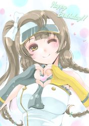 Rule 34 | 10s, 1girl, ;), alternate hairstyle, asymmetrical gloves, blush, braid, breasts, brown hair, frapowa, gloves, happy birthday, heart, heart hands, large breasts, long hair, looking at viewer, love live!, love live! school idol festival, love live! school idol project, minami kotori, mismatched gloves, one eye closed, one side up, polka dot, smile, solo, twin braids, visor cap, yellow gloves