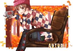 Rule 34 | 1girl, :d, argyle, argyle clothes, argyle legwear, argyle sweater, autumn, autumn leaves, bench, blush, book, border, brown eyes, brown hair, cup, english text, from side, hat, head rest, highres, holding, holding book, long sleeves, looking at viewer, open mouth, original, outdoors, pantyhose, pantyhose under shorts, shiime, short hair, shorts, sitting, smile, solo, steam, sweater, text focus, tree