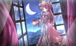 Rule 34 | 1girl, bow, crescent moon, hair bow, hair ornament, hat, highres, holding, lantern, long hair, mob cap, moon, night, night sky, open window, parted lips, patchouli knowledge, purple eyes, risutaru, sky, solo, touhou, wind, window