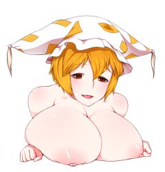 Rule 34 | 1girl, animal hat, blonde hair, blush, breast rest, breasts, hat, hat with ears, highres, himamushi nyuudou, huge breasts, hunched over, looking at viewer, mob cap, nipples, nude, open mouth, red eyes, short hair, simple background, smile, solo, touhou, upper body, white background, yakumo ran
