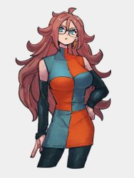 Rule 34 | 1girl, android 21, black sleeves, blue eyes, breasts, checkered clothes, checkered dress, detached sleeves, dragon ball, dragon ball fighterz, dress, earrings, glasses, grey background, hair between eyes, hand on own hip, hoop earrings, jewelry, kemachiku, large breasts, long hair, looking at viewer, red hair, simple background, solo