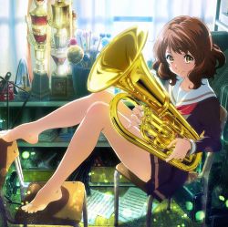 Rule 34 | 10s, 1girl, artist request, bare legs, barefoot, black serafuku, box, brown hair, brown serafuku, brown skirt, bucket, chair, curtains, drumsticks, euphonium, feet, feet on chair, female focus, from above, from side, full body, hibike! euphonium, highres, holding, holding instrument, indoors, instrument, instrument case, key visual, knees together feet apart, knees up, legs, light particles, long sleeves, looking at viewer, metronome, miniskirt, neckerchief, official art, oumae kumiko, paper, pleated skirt, promotional art, red neckerchief, red sailor collar, resized, sailor collar, school uniform, serafuku, sheet music, shelf, short hair, sitting, skirt, smile, solo, tambourine, toes, trophy, trumpet, uniform, upscaled, waifu2x, wavy hair, window, yellow eyes