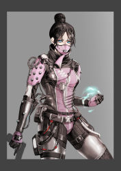 Rule 34 | 1girl, animification, apex legends, black bodysuit, black hair, blue eyes, bodysuit, border, cable, clenched hand, electricity, grey background, grey border, gun, hair behind ear, hair bun, handgun, highres, holding, holding gun, holding weapon, looking at viewer, mask, meriko, mouth mask, parted bangs, pink mask, pistol, single hair bun, solo, thigh strap, void specialist wraith, weapon, wraith (apex legends)