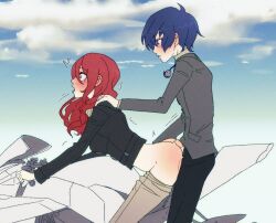 Rule 34 | 1boy, 1girl, blue hair, blue sky, blush, clothed sex, cloud, commentary, couple, english commentary, headphones, hetero, kirijou mitsuru, motor vehicle, motorcycle, official alternate costume, outdoors, persona, persona 3, persona 3 reload, raygrillmasta7, red hair, s.e.e.s, sex, sex from behind, sky, spanked, yuuki makoto (persona 3)