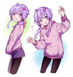 Rule 34 | ^^^, ai kusunoki, claw pose, commentary, cowboy shot, from side, hair ornament, hair tubes, hairclip, hands in pockets, hands up, head tilt, hood, hoodie, leaning to the side, looking at viewer, multiple views, open mouth, pantyhose, purple eyes, purple hair, purple hoodie, purple shorts, short hair with long locks, short shorts, shorts, sidelocks, smile, standing, translated, v-shaped eyebrows, vocaloid, voiceroid, yuzuki yukari