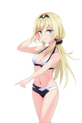 Rule 34 | 1girl, an-94 (girls&#039; frontline), bikini, blonde hair, blue eyes, breasts, cleavage, closed mouth, girls&#039; frontline, hand in own hair, highres, long hair, looking at viewer, nonbire, solo, swimsuit, white background