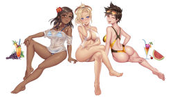 Rule 34 | 3girls, ;d, arm support, ass, back, back cutout, bare arms, bare legs, barefoot, bendy straw, bikini, bikini under clothes, black eyes, black hair, blonde hair, blue bikini, blue eyes, blush, bow, braid, breasts, brown eyes, brown hair, cherry, cleavage, closed mouth, clothing cutout, cocktail, cocktail umbrella, collarbone, competition swimsuit, covered navel, cross, crossed legs, cup, dark-skinned female, dark skin, drink, drinking glass, drinking straw, ear piercing, eyebrows, facial mark, facial tattoo, feet, flower, food, fruit, glasses, glint, grapes, hair intakes, hair ornament, halo, halterneck, hand on own knee, hand on own thigh, hayate (leaf98k), hibiscus, highres, jewelry, juice, kiwi (fruit), large breasts, leaning to the side, lens, lipstick, long hair, looking at viewer, looking back, makeup, mechanical halo, mercy (overwatch), multiple braids, multiple girls, navel, necklace, off-shoulder shirt, off shoulder, one-piece swimsuit, one eye closed, open mouth, orange eyes, orange juice, overwatch, overwatch 1, pendant, pharah (overwatch), piercing, pineapple, pink lips, red flower, red lips, see-through, shirt, short hair, shoulder blades, sideboob, simple background, sitting, slingshot swimsuit, smile, strap gap, striped bikini, striped clothes, sunglasses, sweat, swept bangs, swimsuit, swimsuit under clothes, tattoo, thong, thong bikini, tracer (overwatch), underboob, watermelon, white background, white one-piece swimsuit, yellow eyes