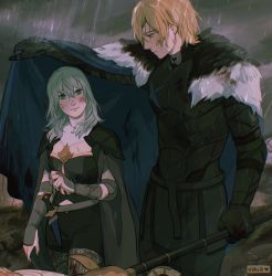 Rule 34 | 1boy, 1girl, armor, artist name, black cape, black gloves, black pantyhose, blonde hair, blue cape, blue eyes, body armor, breasts, byleth (female) (fire emblem), byleth (fire emblem), cape, chest armor, cleavage cutout, clothing cutout, couple, depressed, dimitri alexandre blaiddyd, dirty, dirty face, elbow pads, expressionless, eyebrows, eyepatch, fire emblem, fire emblem: three houses, fire emblem heroes, fur trim, gloves, green eyes, green hair, hair between eyes, height difference, hetero, highres, holding, holding polearm, holding spear, holding weapon, knife, light green hair, lips, long hair, looking at another, looking down, looking up, midriff peek, nintendo, one eye covered, pantyhose, polearm, profile, protecting, rain, sheath, sheathed, short hair, smile, spear, stomach armor, twitter username, viria13, watermark, weapon, wet, wet clothes, wet hair