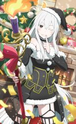 Rule 34 | black dress, black eyes, black hat, candle, christmas tree, christmas wreath, colored eyelashes, dress, echidna (re:zero), finger to mouth, fire, fireplace, hat, highres, holding, holding staff, long hair, official art, one eye closed, re:zero kara hajimeru isekai seikatsu, re:zero kara hajimeru isekai seikatsu: lost in memories, santa hat, staff, tree, white hair, wreath