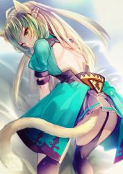 Rule 34 | 1girl, ahoge, all fours, animal ears, arm garter, ass, atalanta (fate), back cutout, backless outfit, bad id, bad twitter id, bare back, black thighhighs, blonde hair, braid, cat ears, cat tail, clothing cutout, cowboy shot, fate/apocrypha, fate/grand order, fate (series), from behind, garter straps, gradient hair, green eyes, green hair, long hair, looking at viewer, looking back, miyuki ruria, multicolored hair, pleated skirt, skirt, solo, tail, thighhighs, twitter username, two-tone hair