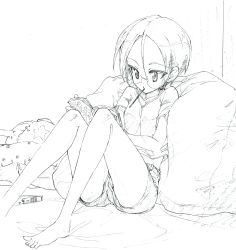 Rule 34 | 1girl, absurdres, barefoot, book, casual, commentary request, food, food in mouth, girls und panzer, glasses, graphite (medium), greyscale, highres, holding, holding book, kumagapaniti, midriff, monochrome, mouth hold, on bed, partial commentary, pillow, pocky, reading, rimless eyewear, round eyewear, rumi (girls und panzer), shirt, short hair, short shorts, short sleeves, shorts, sitting, solo, star (symbol), t-shirt, traditional media