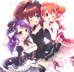 Rule 34 | 3girls, :d, ;d, black dress, black legwear, blue eyes, blush, bow, breasts, brown hair, cleavage, commentary request, detached collar, detached sleeves, double bun, dress, fang, flower, frilled dress, frilled sleeves, frills, hair bow, hair bun, hand on another&#039;s shoulder, hat, hat flower, kurosu aroma, leg up, long hair, long sleeves, looking at viewer, medium breasts, mini hat, mini top hat, mitsuba choco, multiple girls, one eye closed, open mouth, orange hair, petals, ponytail, pretty series, pripara, purple hair, rose, shiratama mikan, shoes, short hair, side ponytail, simple background, smile, striped clothes, striped legwear, striped thighhighs, thighhighs, top hat, toudou shion, white background, yellow eyes