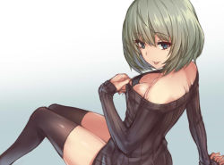 Rule 34 | 10s, 1girl, ;p, arm support, bad id, bad pixiv id, bare shoulders, black thighhighs, blue eyes, breasts, cleavage, collar tug, come hither, downblouse, exhibitionism, gradient background, green hair, idolmaster, idolmaster cinderella girls, long sleeves, looking at viewer, mole, mole under eye, naked sweater, off shoulder, one eye closed, oukawa yuu, public indecency, ribbed sweater, short hair, simple background, sitting, smile, solo, sweater, takagaki kaede, thighhighs, thighs, tongue, tongue out, zettai ryouiki