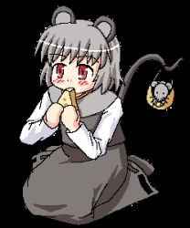 Rule 34 | 1girl, amano koori, animal ears, animated, animated gif, basket, blinking, blush, cheese, eating, female focus, flat chest, food, kneeling, lowres, mouse (animal), mouse ears, mouse tail, nazrin, open mouth, red eyes, shoes, short hair, silver hair, simple background, skirt, solo, tail, touhou, transparent background