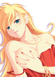 Rule 34 | 10s, 1girl, blonde hair, blue eyes, bracelet, breast hold, breasts, cleavage, covering privates, dress, earrings, female focus, grabbing, grabbing another&#039;s breast, highres, image sample, jewelry, large breasts, long hair, lying, nail polish, panty &amp; stocking with garterbelt, panty (psg), pixiv sample, red dress, resized, simple background, smile, solo, white background, yuhji
