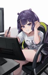 Rule 34 | 1girl, absurdres, adjusting hair, anizi, black shorts, blunt bangs, bob cut, breasts, chair, drawing tablet, gaming chair, highres, holding, holding stylus, hololive, hololive english, jacket, unworn jacket, looking at viewer, mole, mole under eye, monitor, ninomae ina&#039;nis, ninomae ina&#039;nis (loungewear), parted bangs, pointy ears, purple eyes, purple hair, purple jacket, shirt, short hair, short shorts, shorts, small breasts, smile, solo, stylus, swivel chair, tablet pc, thighs, virtual youtuber, white background, white shirt