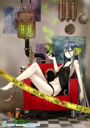 Rule 34 | 1girl, absurdres, android, armchair, barcode, bare legs, bare shoulders, barefoot, black panties, blue hair, cable, can, cat, caution tape, chair, checkered floor, copyright request, flat chest, green eyes, hair between eyes, headgear, highres, lingerie, long hair, looking at viewer, lowleg, lowleg panties, lying, navel, negligee, panties, smoking pipe, red upholstery, mechanical legs, scar, sidelocks, solo, underwear, very long hair