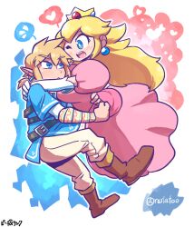 1boy 1girl blonde_hair blue_eyes blush boots dress earrings heart jewelry link long_hair mario_(series) nintendo pink_dress pointy_ears princess_peach rariatto_(ganguri) smile super_smash_bros. the_legend_of_zelda the_legend_of_zelda:_breath_of_the_wild