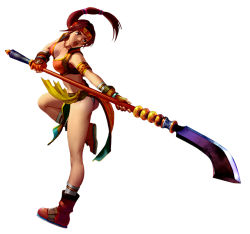 Rule 34 | 1girl, armlet, ass, bare legs, boots, breasts, brown hair, fingerless gloves, glaive (polearm), gloves, halberd, headband, kawano takuji, medium breasts, namco, official art, panties, polearm, ponytail, seong mi-na, solo, soul calibur, soulcalibur ii, standing, standing on one leg, strapless, tube top, underwear, weapon