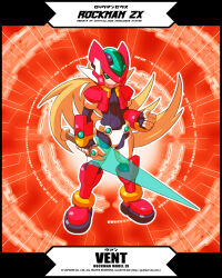 Rule 34 | 1boy, armor, blonde hair, character name, clenched hand, copyright name, cropped jacket, energy sword, forehead jewel, full body, green eyes, hi-go!, highres, holding, holding sword, holding weapon, long hair, male focus, mega man (series), mega man zx, red armor, red background, red helmet, solo, sword, vent (mega man), weapon