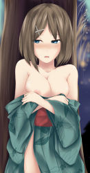Rule 34 | 10s, 1girl, aerial fireworks, against tree, aqua kimono, blue eyes, blurry, blurry background, breast hold, breasts, breasts out, brown hair, cleavage, clothes down, collarbone, crossed arms, embarrassed, eyes visible through hair, female focus, fireworks, floral print, goshiki (cham darc), hair ornament, hairclip, highres, japanese clothes, kantai collection, kimono, large breasts, looking to the side, maya (kancolle), neck, night, night sky, nipple slip, nipples, no headgear, no panties, obi, off shoulder, open clothes, open kimono, open mouth, outdoors, print kimono, red sash, sash, short hair, shy, side slit, sky, solo, standing, tree, yukata