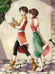 Rule 34 | 1boy, 1girl, arms behind back, belt, breasts, brother and sister, brown eyes, brown hair, chaiko, commentary request, gensou suikoden, gensou suikoden ii, gloves, hairband, nanami (suikoden), riou (suikoden), short hair, siblings