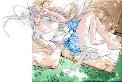 Rule 34 | 1girl, antenna hair, barefoot, breasts, closed eyes, desk, feet, from above, grass, large breasts, legs, long hair, lying, natsume maya, nature, no bra, official art, on back, oogure ito, open clothes, open shirt, outdoors, plaid, pleated skirt, purple hair, school uniform, serafuku, shirt, skirt, sleeping, socks, solo, tenjou tenge, thighhighs, toes, very long hair, white socks, white thighhighs