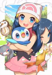 Rule 34 | 2girls, :d, absurdres, beanie, blue eyes, blue hair, blush, character print, closed mouth, commentary request, creatures (company), dawn (pokemon), eyelashes, game freak, gen 4 pokemon, glameow, hair ornament, hairclip, hand up, hat, highres, index finger raised, johanna (pokemon), legendary pokemon, long hair, looking at viewer, mesprit, mother and daughter, multiple girls, nintendo, one eye closed, open mouth, pink skirt, piplup, pokemon, pokemon (anime), pokemon (creature), pokemon dppt (anime), ribbon, scarf, shirt, skirt, sleeveless, sleeveless shirt, smile, starly, taisa (lovemokunae), teeth, tongue, upper teeth only, white headwear