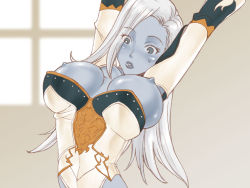 Rule 34 | 1girl, arms up, blue skin, blush, breasts, colored skin, dark elf, dark elf (lineage 2), detached sleeves, elf, grey eyes, large breasts, leotard, lineage, lineage 2, long hair, nipples, non-web source, oso (artist), oso (oso), pointy ears, solo, sweatdrop, wardrobe malfunction, white hair, window