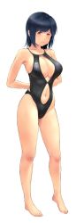Rule 34 | 1girl, barefoot, black eyes, black hair, black one-piece swimsuit, breasts, cleavage cutout, clothing cutout, commentary request, competition swimsuit, full body, hair down, highres, kantai collection, large breasts, long hair, looking at viewer, navel cutout, one-piece swimsuit, revision, simple background, solo, souryuu (kancolle), standing, swimsuit, wa (genryusui), white background