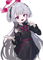 Rule 34 | 1girl, alternate costume, alternate hairstyle, black dress, black sleeves, blue archive, cowboy shot, detached sleeves, dress, grey hair, halo, highres, long hair, looking at viewer, open mouth, red eyes, red halo, shuro (blue archive), signalviolet, simple background, solo, two side up, white background