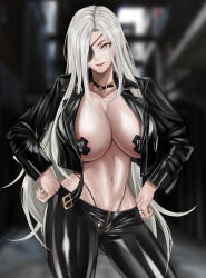 Rule 34 | 1girl, absurdres, alchemist (girls&#039; frontline), areola slip, black choker, black jacket, black pants, breasts, choker, collarbone, covered erect nipples, eyepatch, feet out of frame, gcg, girls&#039; frontline, hands on own hips, highres, jacket, large breasts, latex jacket, latex pants, lips, long hair, looking at viewer, navel, open clothes, open jacket, open mouth, orange eyes, pants, pasties, sangvis ferri, silver hair, solo, standing, very long hair