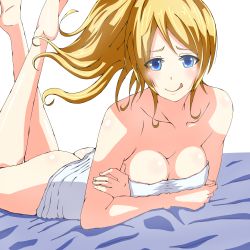 Rule 34 | 10s, 1girl, :q, arm support, ass, ayase eli, bad id, bad pixiv id, barefoot, bed sheet, blonde hair, blue eyes, blush, breasts, cleavage, crossed arms, feet up, highres, licking lips, long hair, love live!, love live! school idol project, lying, mebi il, medium breasts, naked towel, on stomach, ponytail, solo, the pose, tongue, tongue out, towel, white background