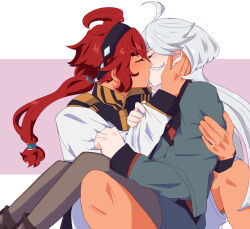 2girls absurdres ahoge asticassia_school_uniform blush boots closed_eyes commentary_request couple dark-skinned_female dark_skin green_jacket gundam gundam_suisei_no_majo hair_ornament hand_on_another&#039;s_face headband highres hug jacket kaede_(soul-red-7) kiss kissing_shoulder long_hair long_sleeves low_ponytail miorine_rembran multiple_girls necktie pantyhose ponytail red_hair school_uniform shirt shorts sidelocks simple_background sitting sitting_on_lap sitting_on_person suletta_mercury tearing_up thick_eyebrows thigh_boots very_long_hair white_jacket white_pantyhose yuri