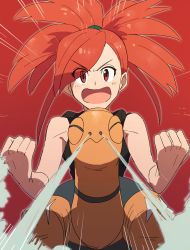 Rule 34 | 1girl, clenched hands, commentary request, creatures (company), emphasis lines, flannery (pokemon), game freak, gen 3 pokemon, glowing, gym leader, hair tie, highres, long hair, looking at viewer, morio (poke orio), nintendo, open mouth, orange hair, pokemon, pokemon (creature), pokemon oras, red eyes, steam, tongue, torkoal, v-shaped eyebrows