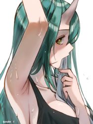 Rule 34 | 1girl, absurdres, arknights, arm up, armpits, artist name, between breasts, blush, breasts, cleavage, collarbone, commentary, english commentary, goro desu, green hair, highres, horns, hoshiguma (arknights), large breasts, long hair, looking at viewer, mouth hold, profile, scar, scar on face, simple background, skin-covered horns, solo, sports bra, sweat, towel, twitter username, upper body, white background, yellow eyes