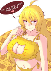 Rule 34 | ..., 1girl, absurdres, ahoge, alternate costume, animal print, bell, blonde hair, blush, breasts, cat cutout, cat ear panties, cat lingerie, cat print, choker, cleavage, cleavage cutout, closed mouth, clothing cutout, collarbone, english text, engrish text, eyebrows, frills, heart, highres, jingle bell, large breasts, long hair, looking at viewer, md5 mismatch, meme attire, navel, neck bell, panties, paw print, purple eyes, ranguage, rwby, side-tie panties, signature, smile, solo, speech bubble, stomach, underwear, underwear only, upper body, white background, yang xiao long, z666ful