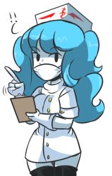 Rule 34 | blue hair, clipboard, cure-chan, finger wagging, hat, long hair, mouth mask, nurse, nurse cap, surgical mask, thighhighs
