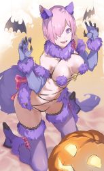 Rule 34 | 1girl, absurdres, animal ears, bare shoulders, bow, breasts, claw pose, cleavage, elbow gloves, fate/grand order, fate (series), fur-trimmed gloves, fur-trimmed legwear, fur collar, fur trim, gloves, hair over one eye, halloween, highres, jack-o&#039;-lantern, kneeling, lace, lace-trimmed legwear, lace trim, large breasts, light purple hair, looking at viewer, mash kyrielight, mash kyrielight (dangerous beast), navel, o-ring, official alternate costume, open mouth, pretty-purin720, pumpkin, purple eyes, purple gloves, purple legwear, revealing clothes, short hair, smile, solo, tail, wolf ears, wolf tail