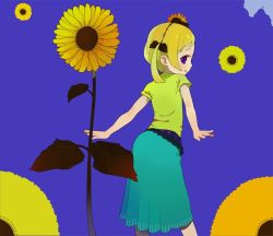 Rule 34 | blonde hair, flower, ichikawa, looking back, purple eyes, ribbon, solo, sunflower