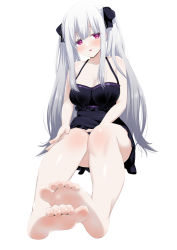 Rule 34 | 1girl, bare arms, bare legs, bare shoulders, barefoot, bikini, breasts, feet, foreshortening, full body, grey hair, hair ribbon, highres, large breasts, long hair, looking at viewer, one-piece swimsuit, original, red eyes, ribbon, saki chisuzu, soles, swimsuit, twintails