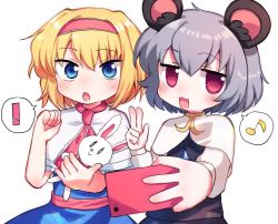 Rule 34 | !, 2girls, alice margatroid, animal ears, blonde hair, blue dress, blue eyes, blush, capelet, cookie (touhou), dress, grey hair, grey skirt, grey vest, hair between eyes, hairband, holding, holding phone, ichigo (cookie), long sleeves, looking at viewer, mouse ears, multiple girls, musical note, nazrin, neckerchief, nyon (cookie), open mouth, phone, pink hairband, pink neckerchief, pink sash, red eyes, sash, selfie, short hair, simple background, skirt, spoken exclamation mark, spoken musical note, stuffed animal, stuffed rabbit, stuffed toy, touhou, upper body, vest, w, white background, white capelet, xox xxxxxx