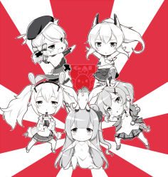 Rule 34 | &gt;:), 5girls, :d, ahoge, arm up, arms up, ayanami (azur lane), azur lane, bad id, bad pixiv id, beret, bottle, bow, bracelet, chibi, clenched hand, cola, commentary, cross, crown, detached sleeves, dress, elbow gloves, english commentary, eyes visible through hair, full body, gainoob, ginyu force pose, gloves, hair bow, hair bun, hair ornament, hair ribbon, hairpin, hat, headgear, holding, holding bottle, iron cross, jacket, javelin (azur lane), jewelry, laffey (azur lane), long hair, long sleeves, looking at viewer, midriff, mini crown, multiple girls, navel, on one knee, one side up, open mouth, outstretched arms, plaid, plaid skirt, pleated skirt, ponytail, raised fist, ribbon, school uniform, serafuku, short hair, side bun, sidelocks, simple background, single hair bun, single side bun, skirt, smile, soda bottle, spread arms, standing, standing on one leg, stuffed animal, stuffed toy, stuffed winged unicorn, thighhighs, twintails, unicorn (azur lane), watermark, z23 (azur lane), zettai ryouiki