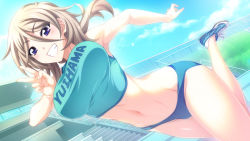 Rule 34 | 1girl, armpits, bare shoulders, blush, bouncing breasts, breasts, brown hair, clenched teeth, cloud, feet, game cg, gym uniform, inui azusa, large breasts, legs, looking at viewer, mikoshi matsuri, navel, purple eyes, running, shoes, short hair, sky, smile, sneakers, solo, standing, teeth, thighs, tsujidou-san no virgin road, v