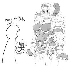 Rule 34 | 1boy, 1girl, armor, banbaro (armor), barbarian, blush, braid, english text, fingerless gloves, fur trim, gloves, highres, horns, jewelry, kida eve, marriage proposal, monster hunter (character), monster hunter (series), muscular, muscular female, ring, shy, simple background, size difference, sweat, thick thighs, thighs, white background