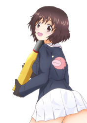 Rule 34 | 1girl, absurdres, akiyama yukari, anglerfish, black gloves, blue jacket, blush, brown eyes, brown hair, commentary request, fish, from behind, girls und panzer, gloves, highres, holding, jacket, leaning forward, long sleeves, looking at viewer, looking back, maikaooba, messy hair, military, military uniform, miniskirt, ooarai military uniform, open mouth, partial commentary, pleated skirt, short hair, simple background, skirt, smile, solo, standing, uniform, white background, white skirt
