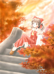 Rule 34 | 1girl, ascot, autumn, bow, brown eyes, brown hair, ascot, detached sleeves, dress, female focus, hair ribbon, hakurei reimu, leaf, nabe (violetwave), red dress, ribbon, shoes, short hair, sitting, sitting on stairs, smile, solo, stairs, touhou
