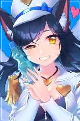 Rule 34 | ;d, ahri (league of legends), alternate costume, animal ears, black hair, bottle, breasts, cabbie hat, cleavage, coat, facial mark, fox ears, fox girl, fox tail, hat, heart, heart necklace, league of legends, long hair, long sleeves, looking at viewer, necklace, one eye closed, open mouth, popstar ahri, smile, solo, tail, teeth, uso (ameuzaki), water bottle, whisker markings, yellow eyes