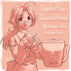 Rule 34 | 1girl, ahoge, apron, blush, cup, female focus, german text, glasses, kamatori pokari, long hair, monochrome, open mouth, original, pink theme, pitcher (container), ponytail, product placement, ranguage, solo, standing, text focus, translated